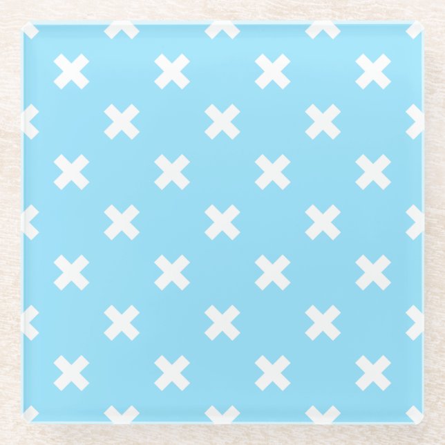 White cross stitches on baby blue glass coaster (Front)