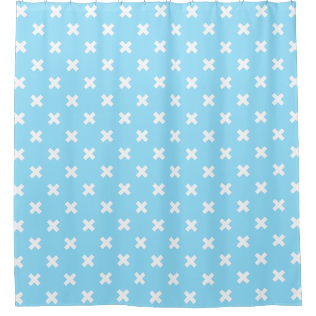 White cross stitches on baby blue shower curtain (Front)