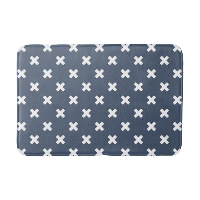 White cross stitches on blue-gray bath mat (Front)