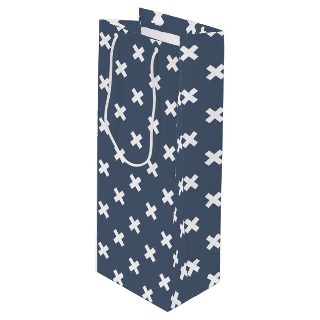 White cross stitches on blue-gray wine gift bag (Front Angled)