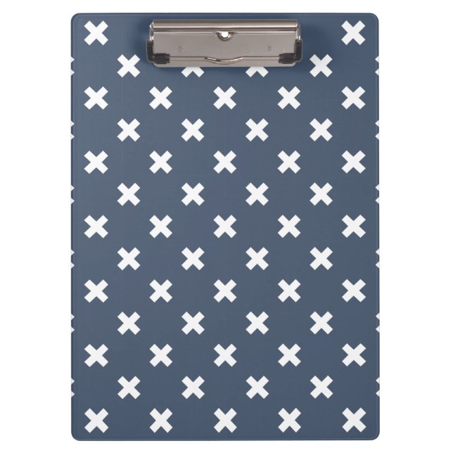 White cross stitches on blue-grey clipboard (Front)