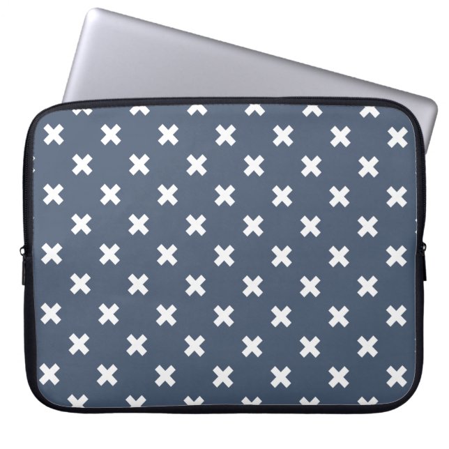 White cross stitches on blue-grey laptop sleeve (Front)