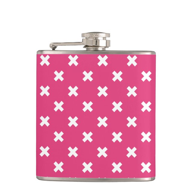 White cross stitches on fuchsia hip flask (Front)