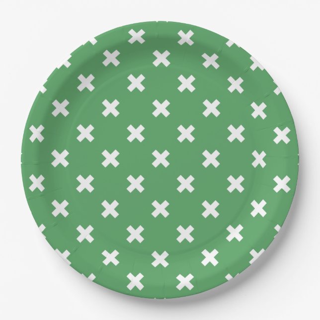 White cross stitches on green paper plate (Front)