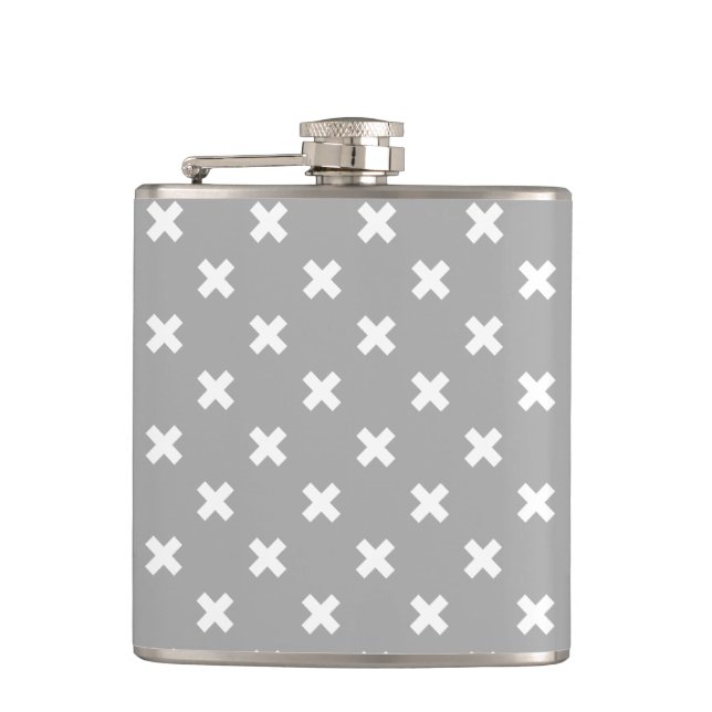 White cross stitches on grey hip flask (Front)