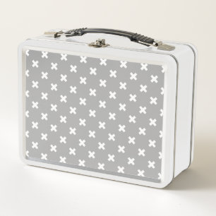 White cross stitches on grey metal lunch box