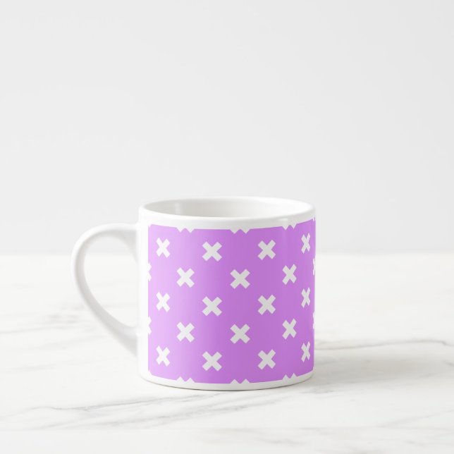 White cross stitches on lilac espresso cup (Left)