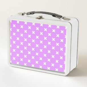 White cross stitches on lilac metal lunch box