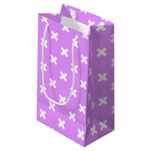 White cross stitches on lilac small gift bag (Front Angled)