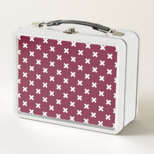 White cross stitches on mulberry metal lunch box