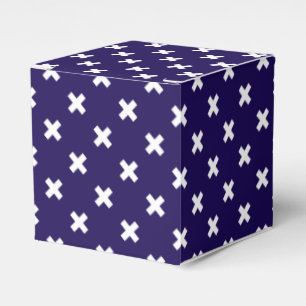 White cross stitches on navy blue favour box