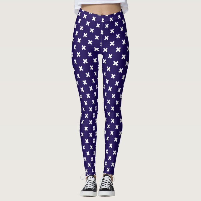 White cross stitches on navy blue leggings (Front)