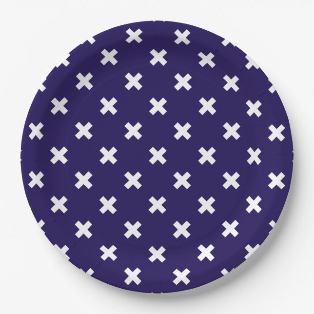 White cross stitches on navy blue paper plate (Front)