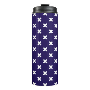 White cross stitches on navy blue thermal tumbler