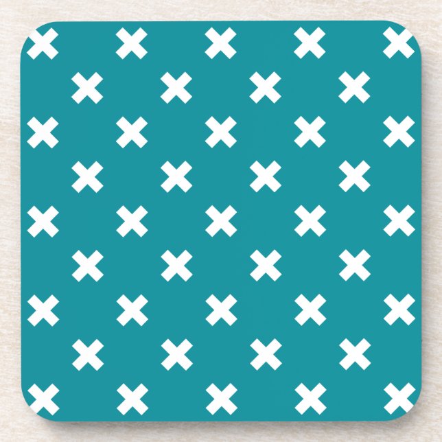 White cross stitches on teal coaster (Front)