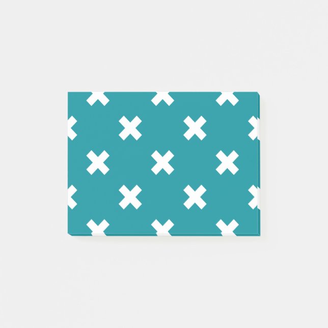 White cross stitches on teal post-it notes (Front)