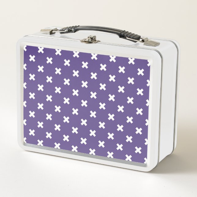 White cross stitches on ultra violet metal lunch box (Front)