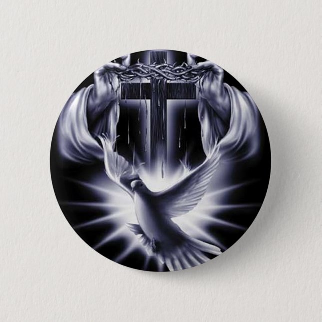 White Cross with Dove 6 Cm Round Badge (Front)