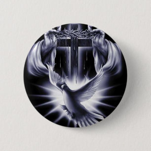 White Cross with Dove 6 Cm Round Badge