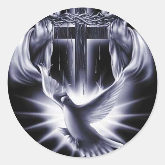 White Cross with Dove Classic Round Sticker (Front)