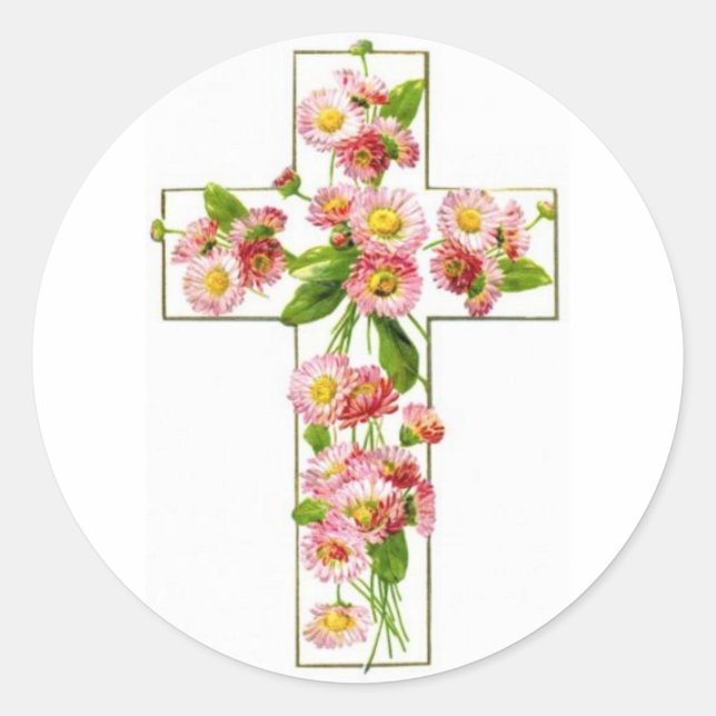 White Cross With Pink Florals Classic Round Sticker (Front)
