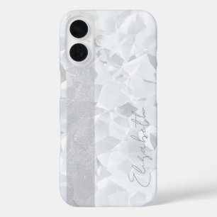 White Crystal Glitter Stripe Custom Name iPhone 16 Case