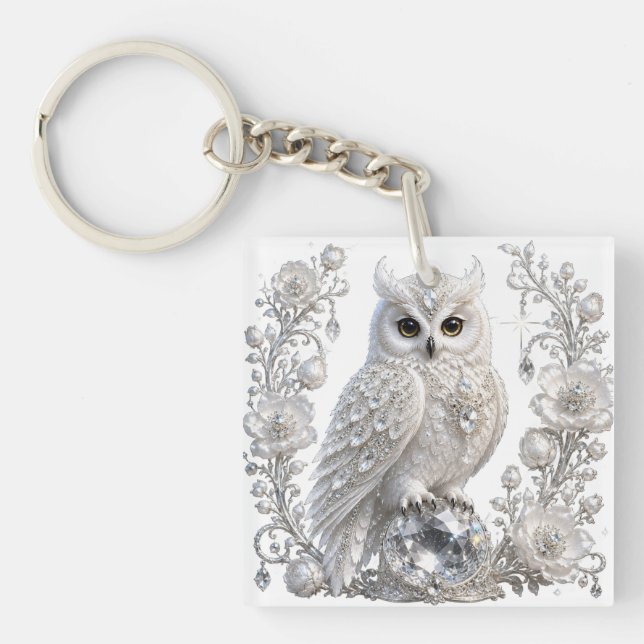 White Crystal Pearl Owl Key Ring (Front)