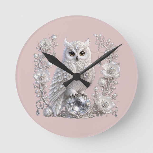 White Crystal Pearl Owl Round Clock (Front)