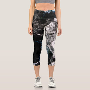 White Crystals in Black outer space Capri Leggings