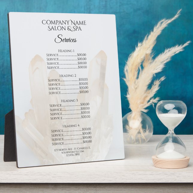 White Crystals Spa Salon Services Menu Plaque (Side)