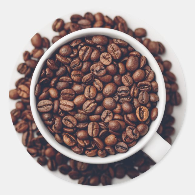 White cup full of roasted coffee beans classic round sticker (Front)