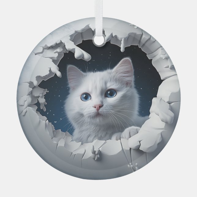 White Curious Kitty  Glass Tree Decoration (Front)