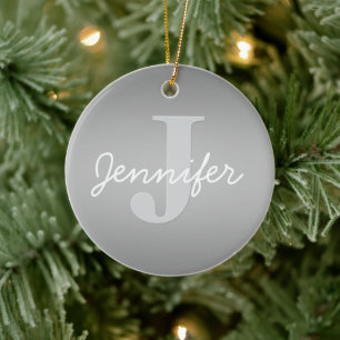 White Cursive & Grey Monogram   Editable Colors Ceramic Ornament