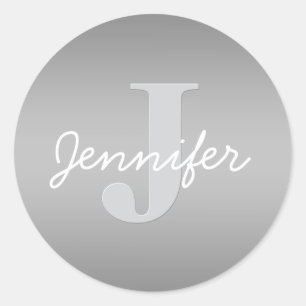 White Cursive & Grey Monogram   Editable Colors Classic Round Sticker