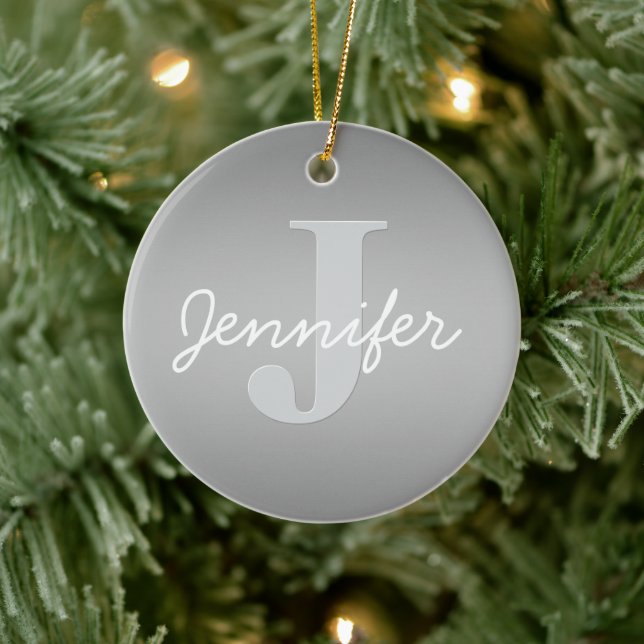 White Cursive & Grey Monogram | Editable Colours Ceramic Ornament (Tree)