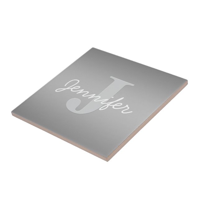 White Cursive & Grey Monogram | Editable Colours Ceramic Tile (Side)