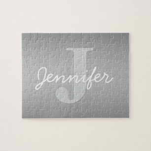 White Cursive & Grey Monogram   Editable Colours Jigsaw Puzzle