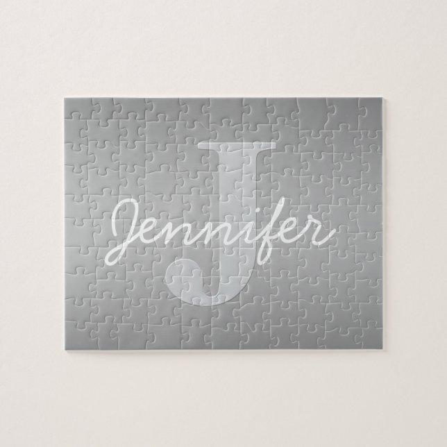 White Cursive & Grey Monogram | Editable Colours Jigsaw Puzzle (Horizontal)