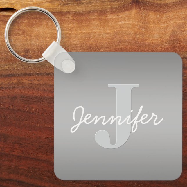 White Cursive & Grey Monogram | Editable Colours Key Ring (Front)