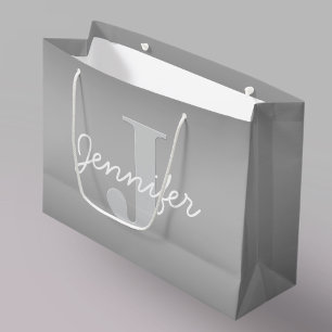 White Cursive & Grey Monogram Editable Colours Large Gift Bag
