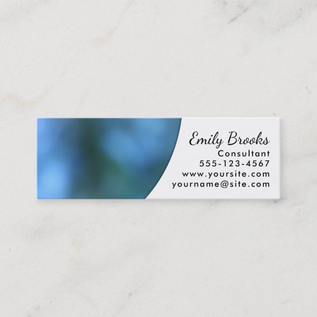 White Curve over Blue Image; Unique Design Mini Business Card (Front)