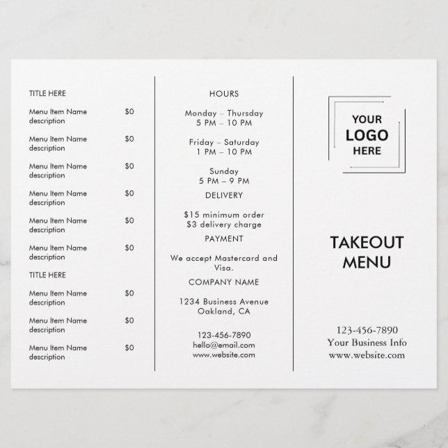 White Custom Business Logo Restaurant Takeout Menu (Front)