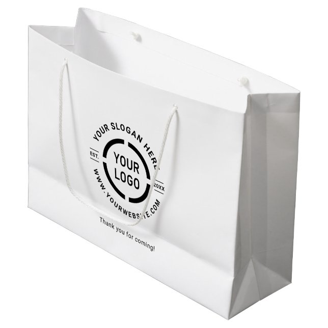 White custom logo promotional branded large gift bag (Front Angled)
