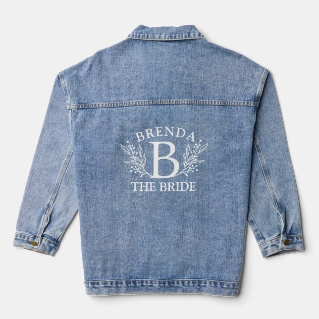 White Custom monogram Botanical Leave Bride Denim Jacket (Back)