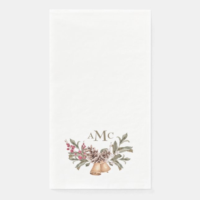White Custom Monogram Christmas Bells Holiday Napkin (Front)
