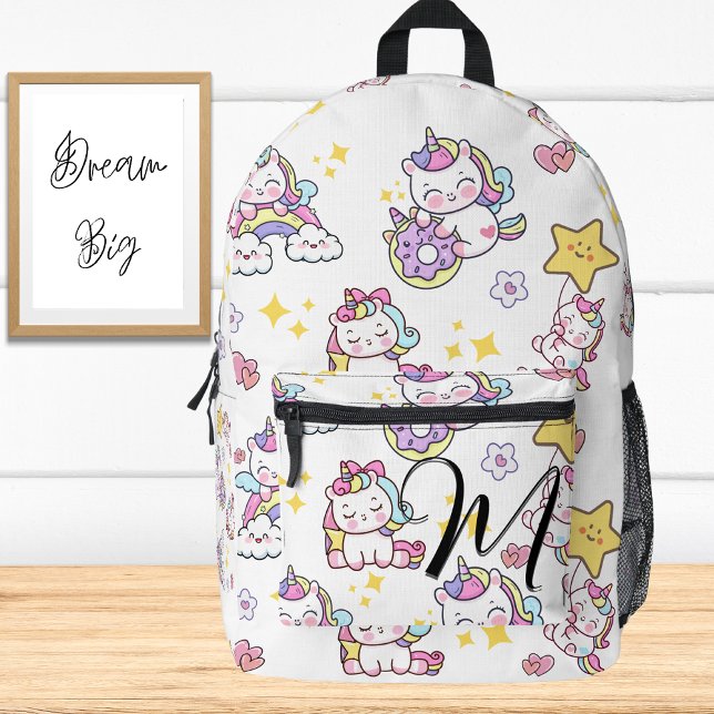White Custom Monogram Topography Cute Unicorns Printed Backpack (Creator Uploaded)