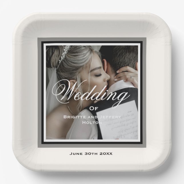 White custom wedding couple photo 9in paper plates (Front)