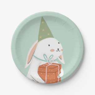 White Cute Bunny Birthday  Paper Plate