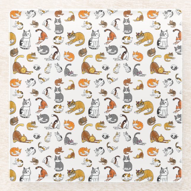 white cute cat pattern design for cat lovers- glass coaster (Front)