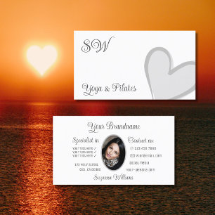 White Cute Grey Heart Chic with Monogram and Photo Business Card